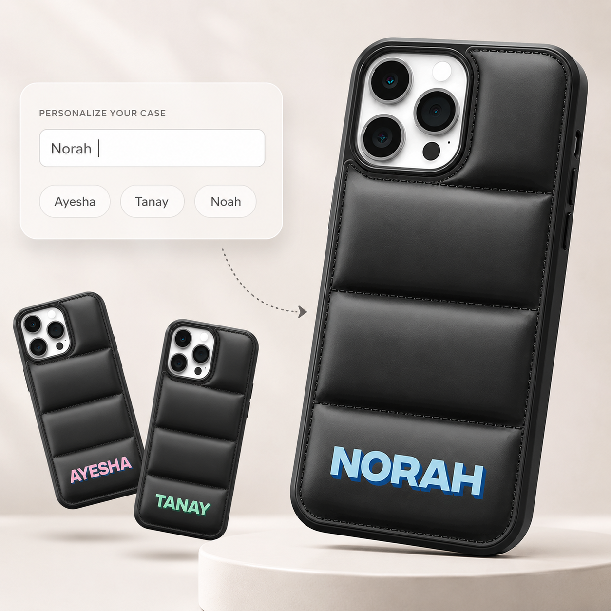 Black phone case with customizable names on a light gray background