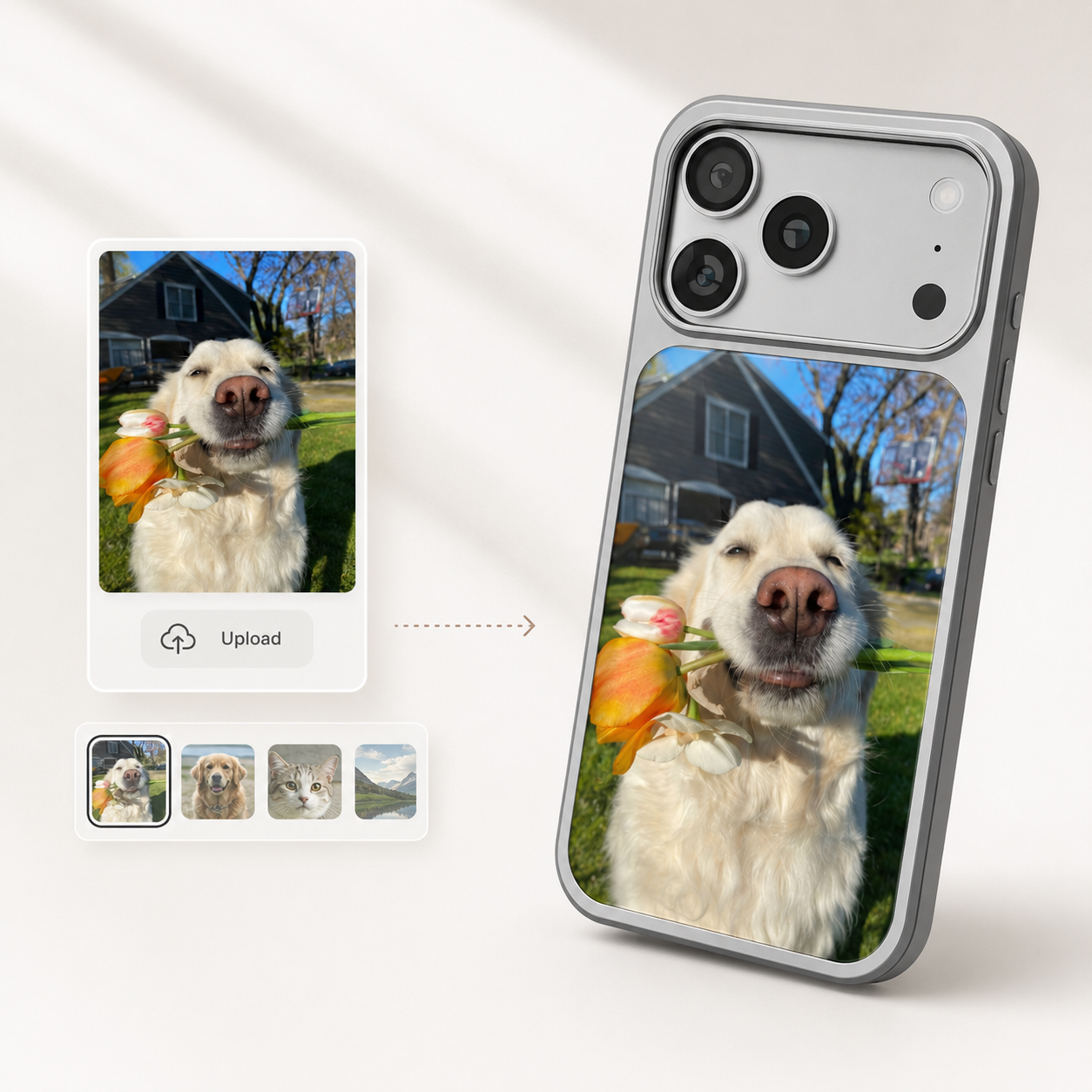 Phone case with a dog photo on a white background
