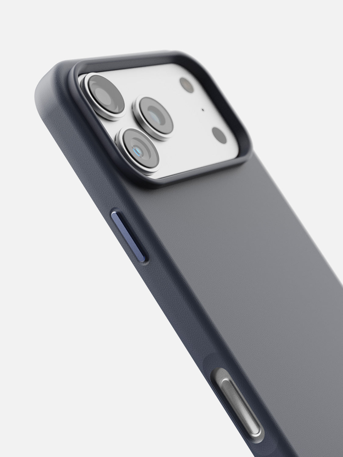 Leather Case for iPhone 17 Pro in Blue - camera ring and side button detail