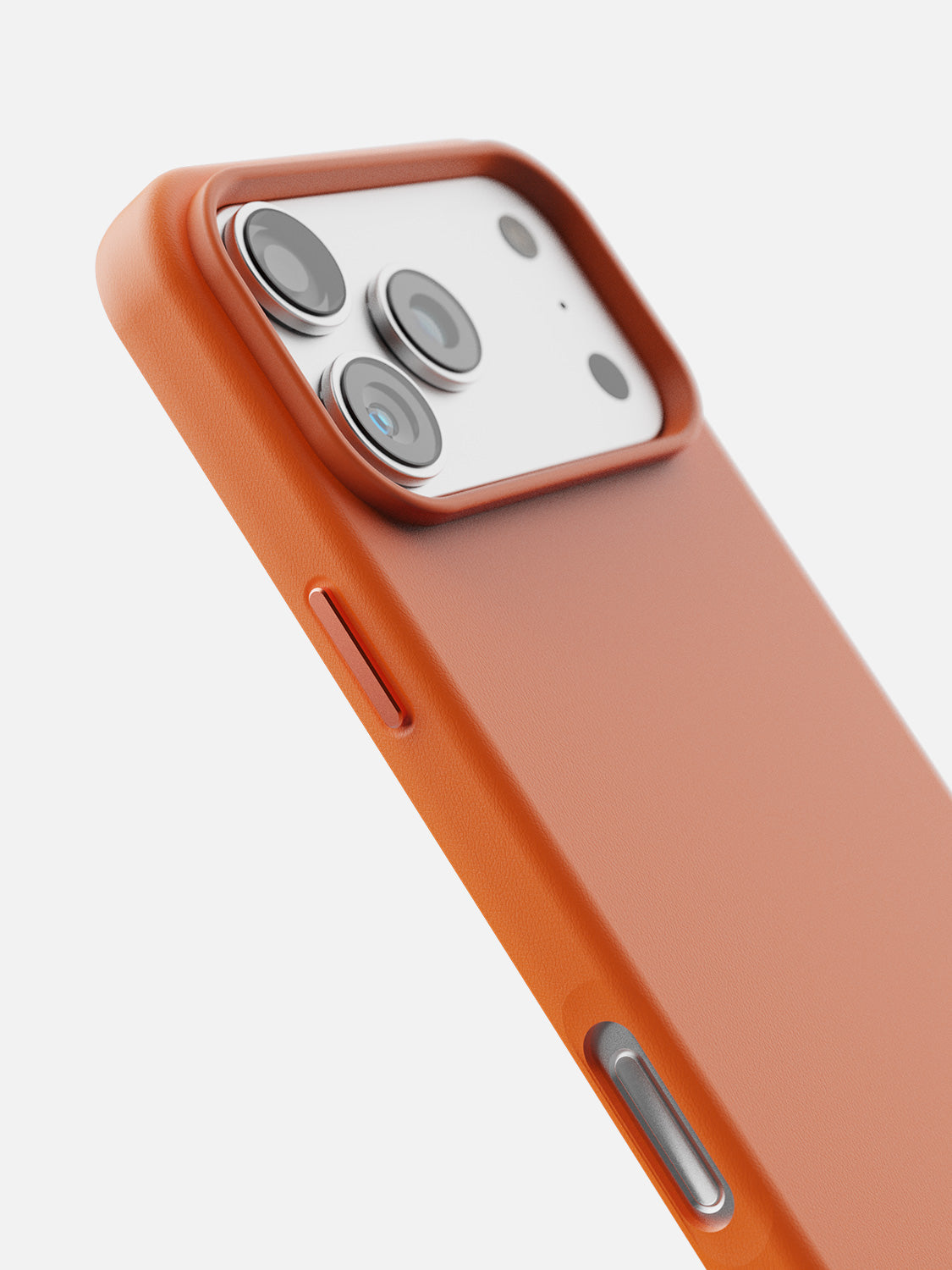 Leather Case for iPhone 17 Pro in Orange - camera ring and side button detail