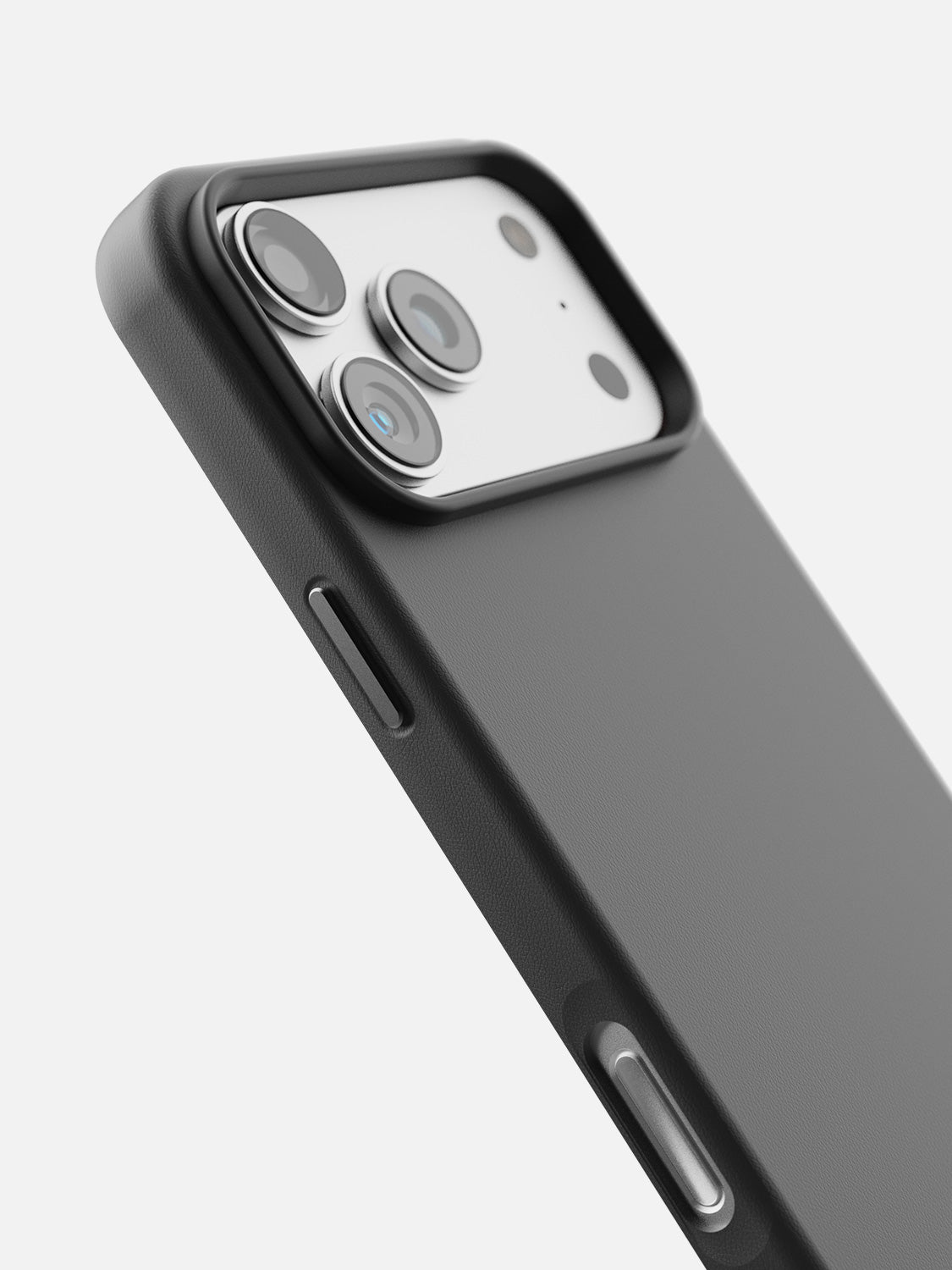 Leather Case for iPhone 18 Pro in Black - camera ring and side button detail
