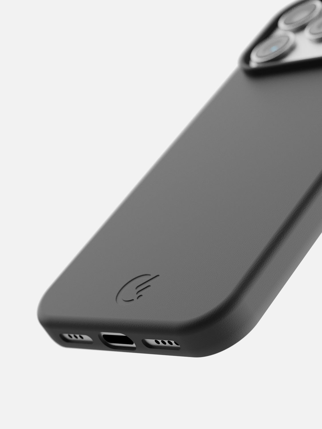 Leather Case for iPhone 18 Pro in Black - bottom edge and camera protection detail